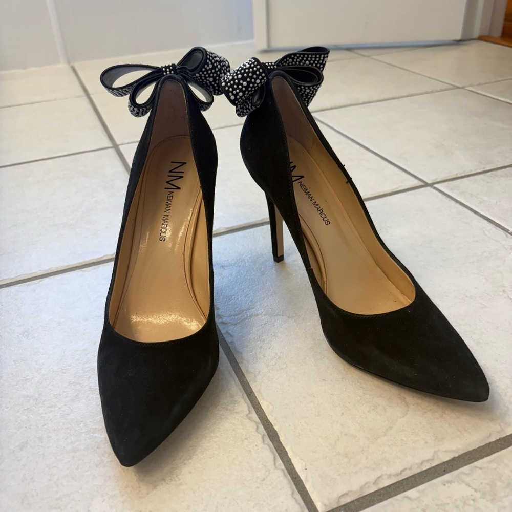 Neiman Marcus Black Suede Pumps with Bow Detail